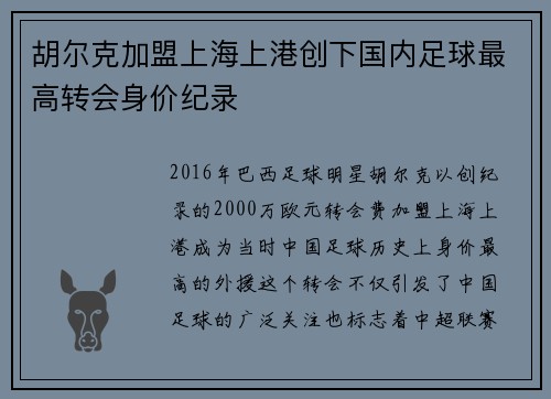 胡尔克加盟上海上港创下国内足球最高转会身价纪录